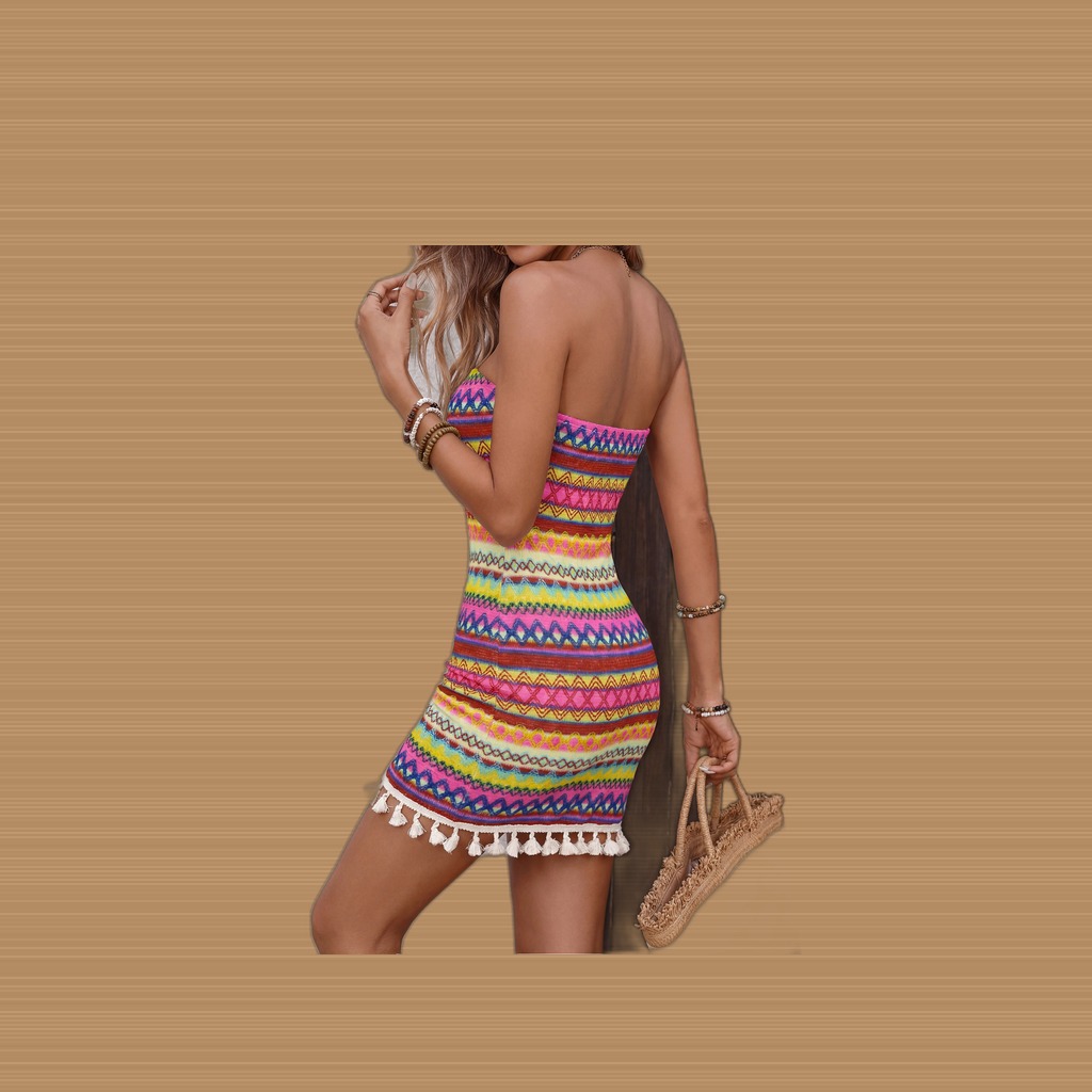 Strapless Striped Fringed Dress