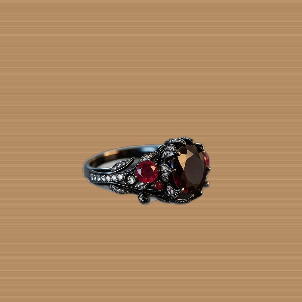 Ruby-red Vintage Floral And Leaf Ring Dark-themed Style
