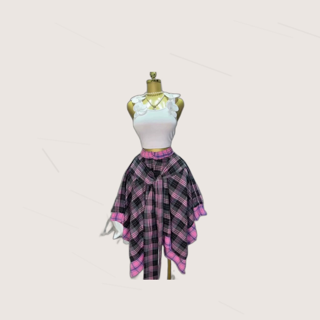 High-waisted Plaid A-line Skirt With Tie Detailing And An