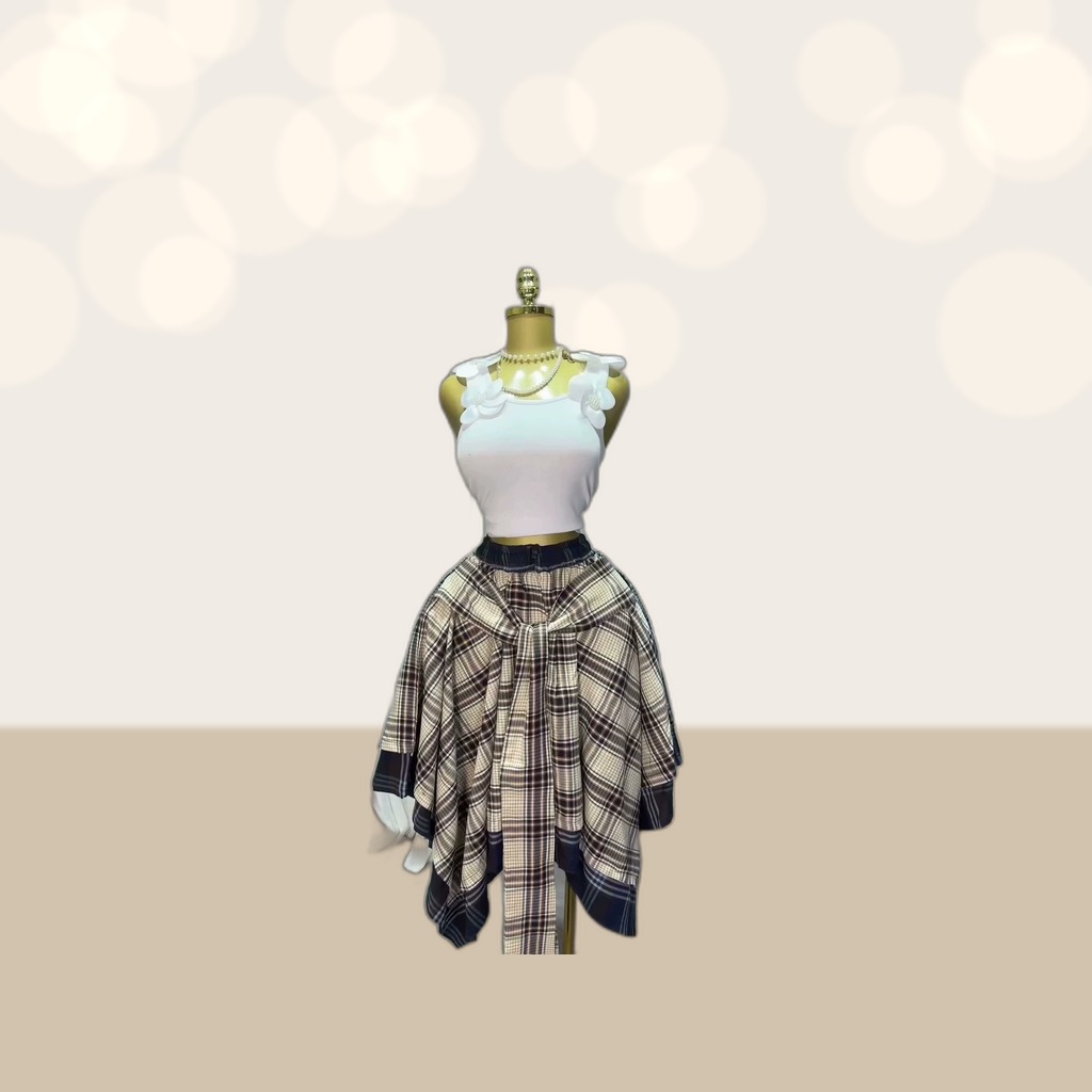 High-waisted Plaid A-line Skirt With Tie Detailing And An