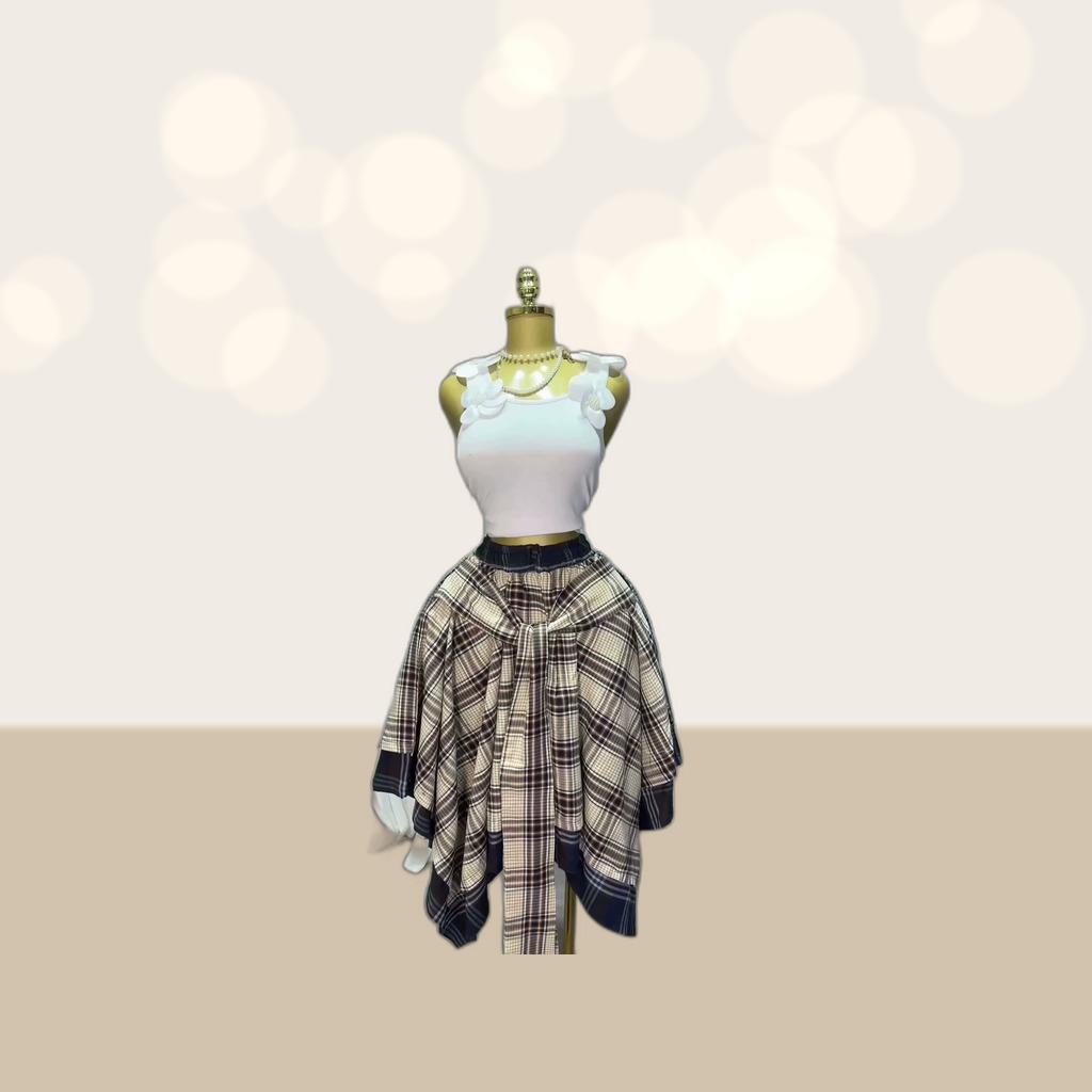 High-waisted Plaid A-line Skirt With Tie Detailing And An
