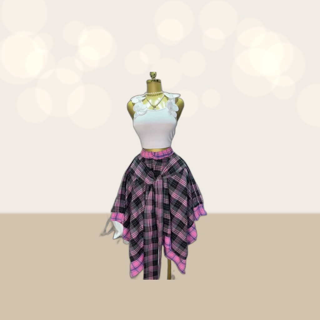 High-waisted Plaid A-line Skirt With Tie Detailing And An