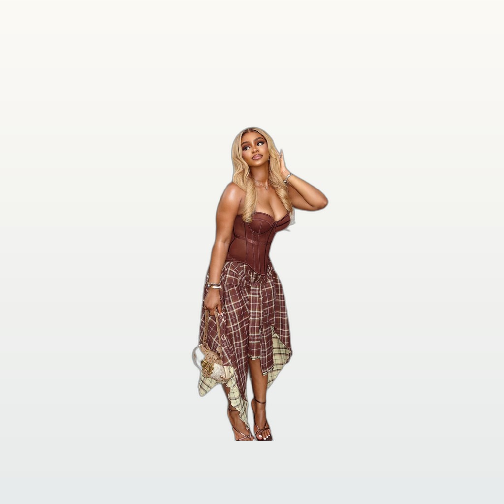Elegant Vintage Plaid Asymmetrical High-waisted