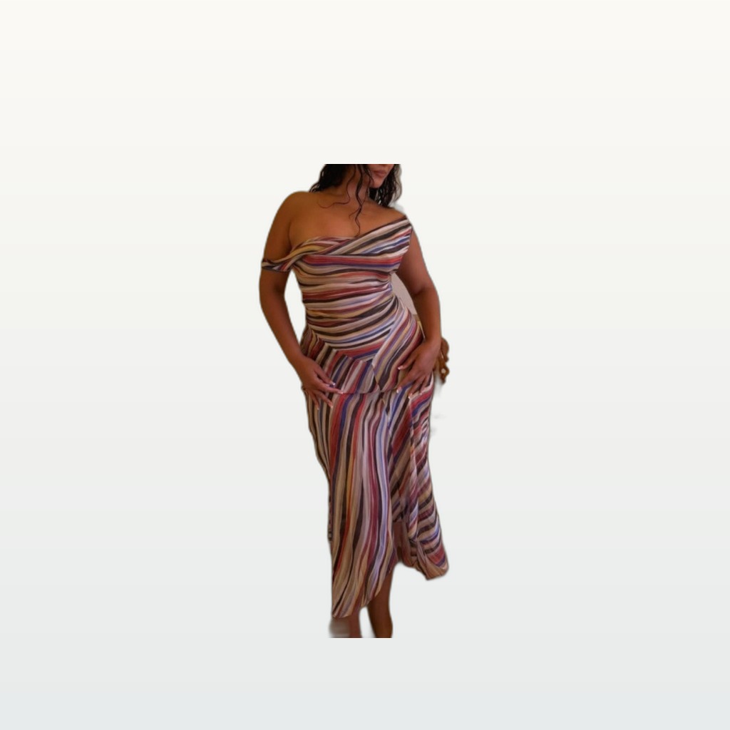 Bohemian Resort-Style Striped Slim-Fit Off-Shoulder Long Dress