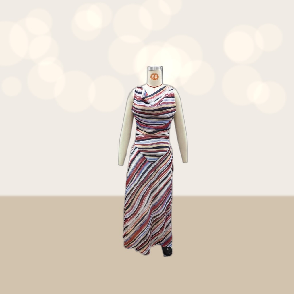 Bohemian Resort-Style Striped Slim-Fit Off-Shoulder Long Dress