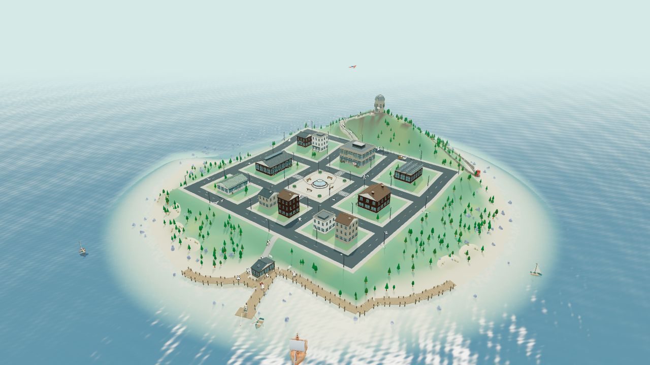 The Doodle Bazaar island: shops around a town square, an observatory on the hill and a harbour in a blue sea.